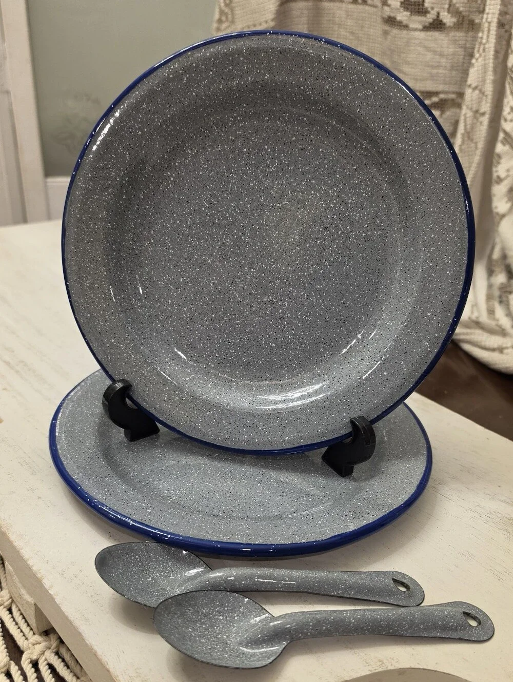 Vintage Blue Speckled Enamelware Camping Plates Spoons Set 4 Pc Made In Mexico